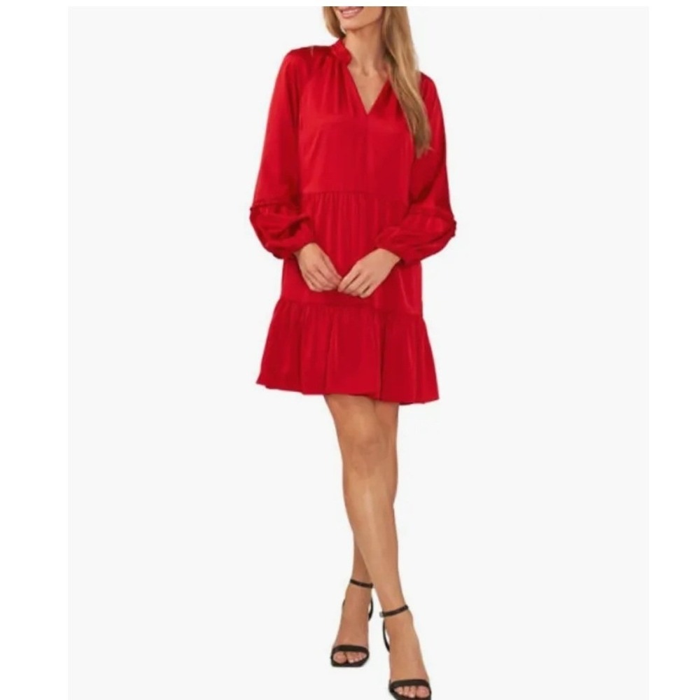 CeCe 2X Dress Red Stoplight Red Tiered Satin‎ Long Sleeve Mini Holiday Party